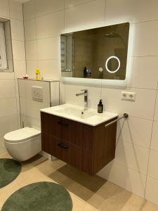 a bathroom with a sink and a toilet and a mirror at Casa Tandri am Rebenweg in Bermatingen