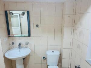 a bathroom with a sink and a toilet and a mirror at RIA apartment in Himare