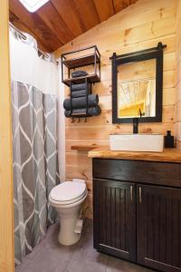 Un baño con inodoro, lavabo y espejo. en Floating Tiny Home #1, en Vermilion