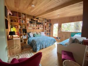 a bedroom with a bed and a book shelf at L'Aquarium de Proust sous les arbres in Lacanau