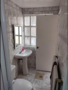 a bathroom with a sink and a toilet and a window at Jayau Apartamentos Coyoacan in Mexico City