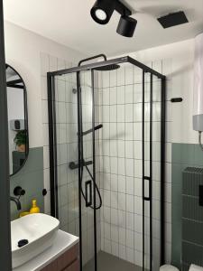 a bathroom with a shower and a sink at Dębina Lounge 20 Apartamenty in Debina +28 photos