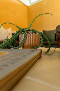 a book sitting on a table with a plant at TreeTops Spacious Architectural Retreat in Gainesville