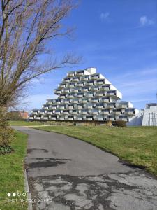 un bâtiment avec beaucoup de fenêtres sur le côté d'une route dans l'établissement Appartement Iris, au Coq 9 autres photos