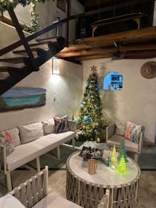 a living room with a christmas tree and a table at Casa Turquesa in Los Roques +35 photos