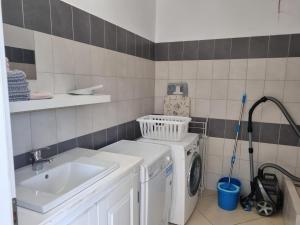 eine Waschküche mit einem Waschbecken und einer Waschmaschine in der Unterkunft Clos des Oliviers in Oupia