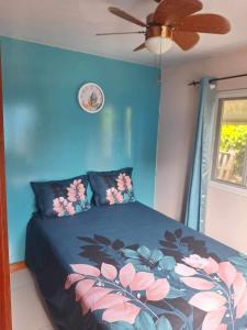 a bedroom with a bed with a blue wall and a ceiling fan at Maina Lodge in Avatoru