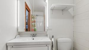 a bathroom with a sink and a mirror and a toilet at Alpine Haven 4 in Mount Hotham