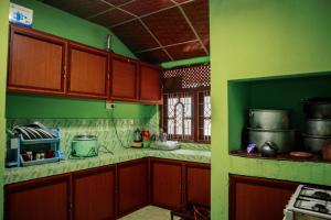 a kitchen with wooden cabinets and a green wall at Green villa in Badulla