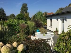 a patio with a table and chairs in a garden at Bungalow am Haff in Grambin