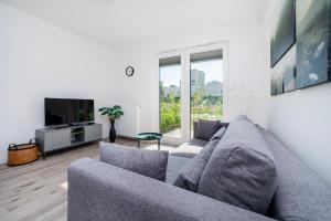 a living room with a gray couch and a tv at Widzewska Superior Apartment by BookingHost in Łódź