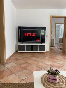 a flat screen tv sitting on a tv stand in a living room at Ferienwohnung im Sand in Herbolzheim +24 photos