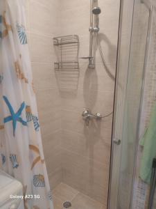 ein Bad mit Dusche und Duschvorhang in der Unterkunft Апартамент Бяла in Byala