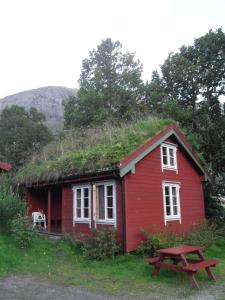 a red house with a grass roof with a picnic table at Vårsetra in Bø +6 photos