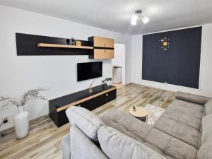 a living room with a couch and a flat screen tv at Relax Home in Curtea de Argeş