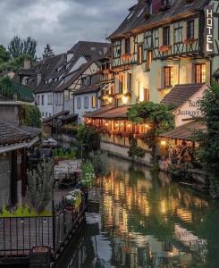a view of a river in a town with buildings at Villa Aqua Détente in Colmar