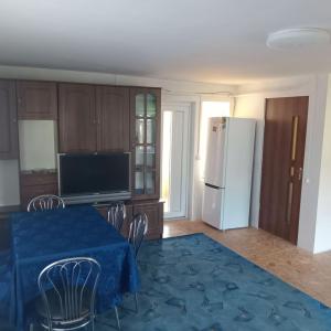 a kitchen with a table and a refrigerator at Ципель 1 in Szack