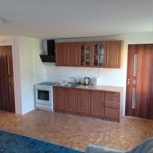 a kitchen with wooden cabinets and a stove top oven at Ципель 1 in Szack