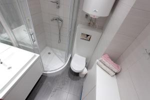 a white bathroom with a shower and a toilet at Apartament Bella Mare z basenem in Łukęcin