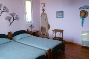 a bedroom with two beds and a mirror on the wall at Vereniki Andros guesthouse in Batsi