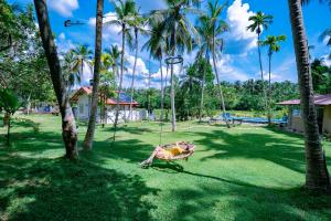 a woman laying on a swing in a yard with palm trees at Villa 28 - Kadawatha in Kadawatha