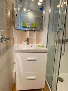 a white bathroom with a sink and a shower at Le bon coin in Périssac +16 photos