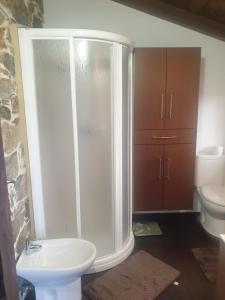 ein Badezimmer mit Dusche, Waschbecken und Toilette in der Unterkunft Casa Vacacional Familia Ferro in Cartelle