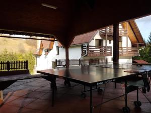 a ping pong table on a patio with a house at Pensiunea Floare de Iris in Mănăstirea Humorului