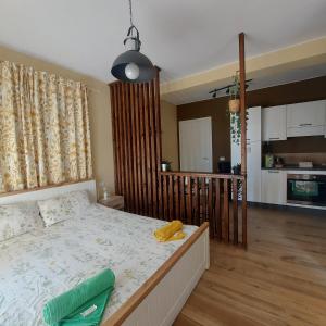 a bedroom with a large bed and a kitchen at Al Vecchio Lavatoio - Relax in collina in Colle Brianza