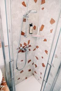 a shower with a glass shower head in a bathroom at Agriturismo Le Marognole in Colà di Lazise