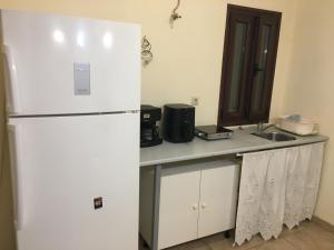 a kitchen with a white refrigerator and a sink at Ηρεμία - Φύση in Kastanéa
