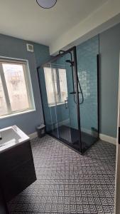 a bathroom with a shower with a glass shower stall at Galway City Centre, 3 bedroom, sleeps 6 in Galway
