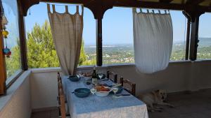a table with a dog laying on the floor in a room at Bellavista in Selva di Fasano