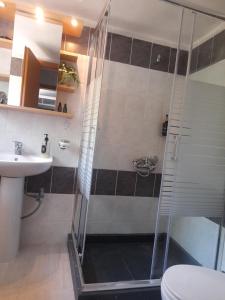 a bathroom with a shower and a sink at Marcia's Welcome House in Rafina