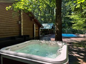 eine Badewanne mit einem Baum darin neben einem Haus in der Unterkunft Hotel Doi Haiduci in Orhei