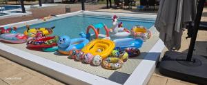 a bunch of toys sitting next to a swimming pool at Holiday Beach Budapest Wellness Hotel with Sauna Park in Budapest