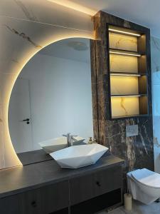 a bathroom with a sink and a toilet and a mirror at Emerald Home in Suceava +38 photos