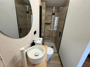 a bathroom with a white toilet and a mirror at Casa Faixa - Refugio en las Rías Baixas in Cangas de Morrazo