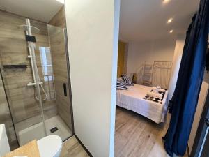 a bathroom with a shower and a bedroom with a bed at Casa Faixa - Refugio en las Rías Baixas in Cangas de Morrazo
