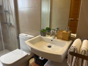 łazienka z umywalką, toaletą i prysznicem w obiekcie Apartamentos Lanceata I w mieście A Lanzada
