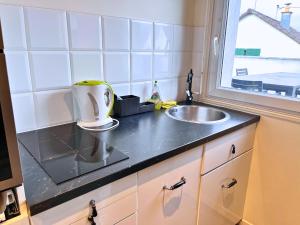 a kitchen counter with a sink and a mixer on it at Le Havre by Leslodgespa - Confort et élégance, terrasse privée, proche de l'aéroport et de Bâle in Blotzheim