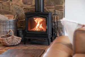 a stove in a living room with a fireplace at Corner Cottage Bright in Bright +41 photos