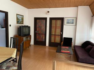 a living room with a couch and a tv at Hutter Vendégház in Szántód