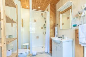 a bathroom with a shower and a toilet and a sink at Hôtel l'Hermitage in Brides-les-Bains