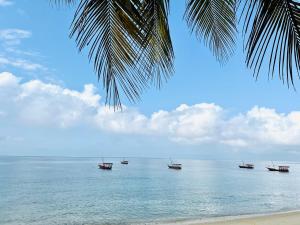 a group of boats in the water on a beach at Kale Stone Town Flat in Zanzibar City