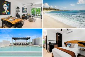 a collage of pictures of a bedroom and a beach at Eclectic Akumal Retreat Pool Beach Wi-Fi Tulum in Tankah