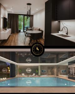 a collage of photos of a house with a pool at Apartamenty ARTE Lublin Unia Art Residence 35 garaż faktura VAT in Lublin