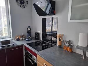 a kitchen with a stove and a counter top at Ô Bon Cru, Meublé de tourisme in Archiac