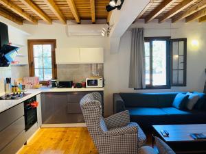 a kitchen and a living room with a blue couch at Villa Plum Garden in Fethiye