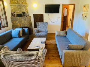 a living room with a blue couch and two chairs at Villa Plum Garden in Fethiye